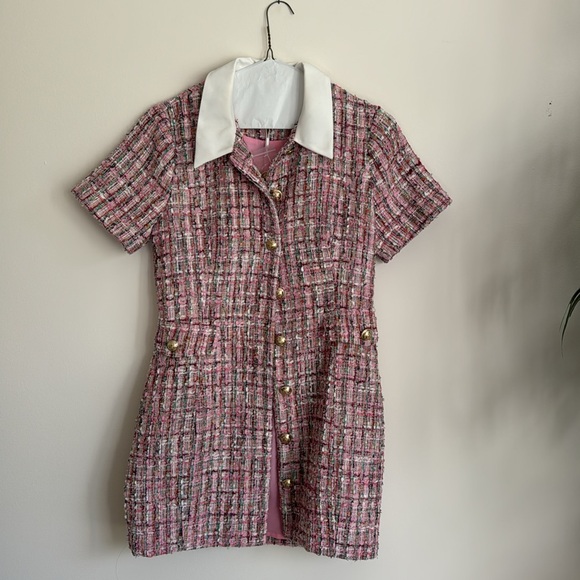 Endless Rose Pink Multi Tweed Collared Short Sleeve Dress - Picture 4 of 9